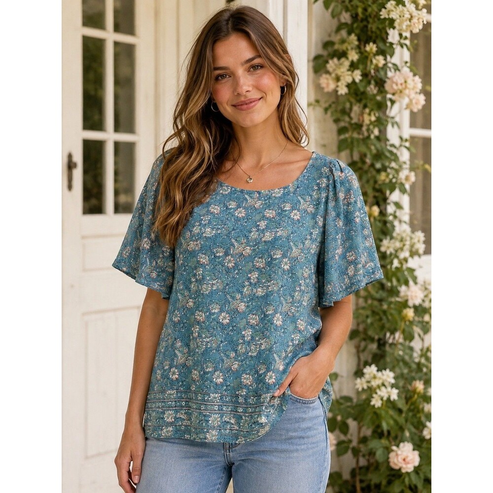Lucky Brand Women L Teal Floral Top Blouse Open Back Flutter Sleeve Boho Fairy